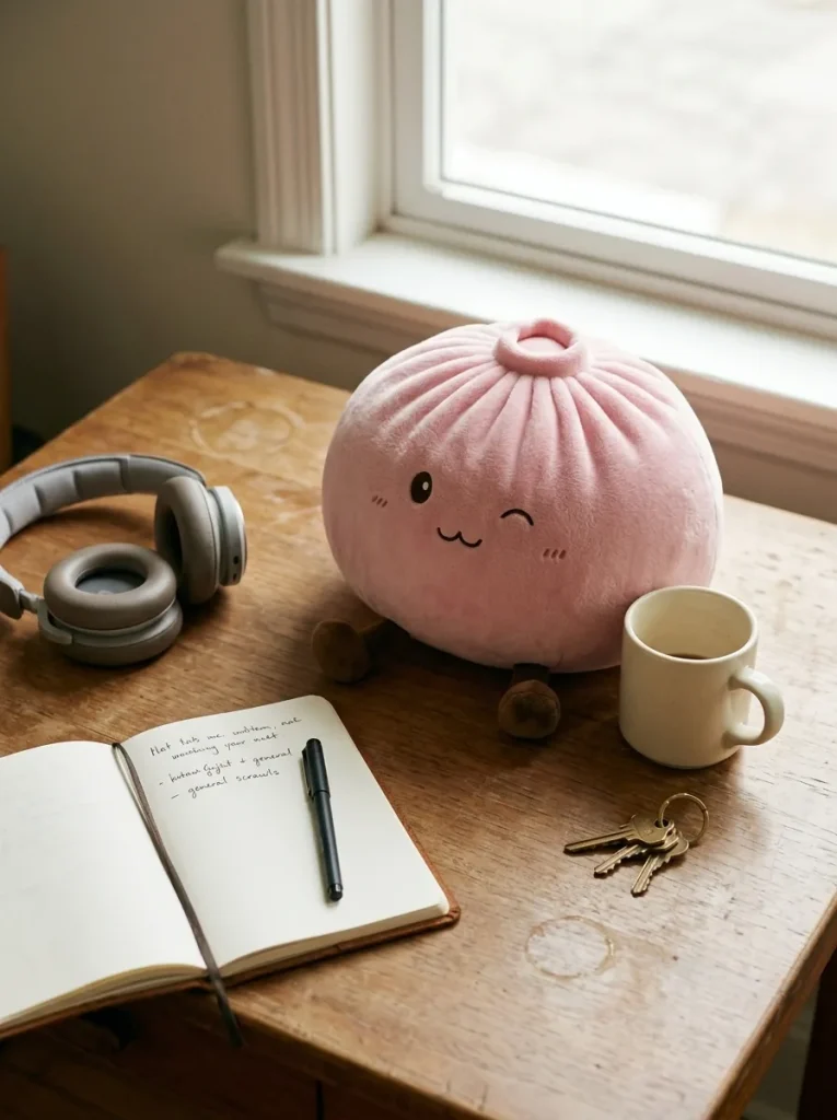Giant Pink Squishy Dumpling Toy on the desk