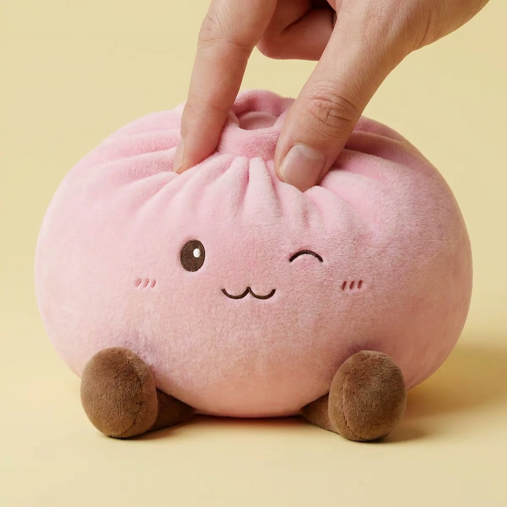 Giant Pink Squishy Dumpling Toy being squeezed, soft slow-rise foam