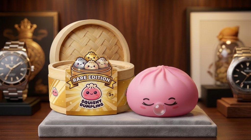 Pink Rare Blow Dumpling Squishy in its kawaii setting