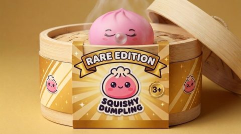 Pink Rare Blow Dumpling Squishy in its bamboo steamer box