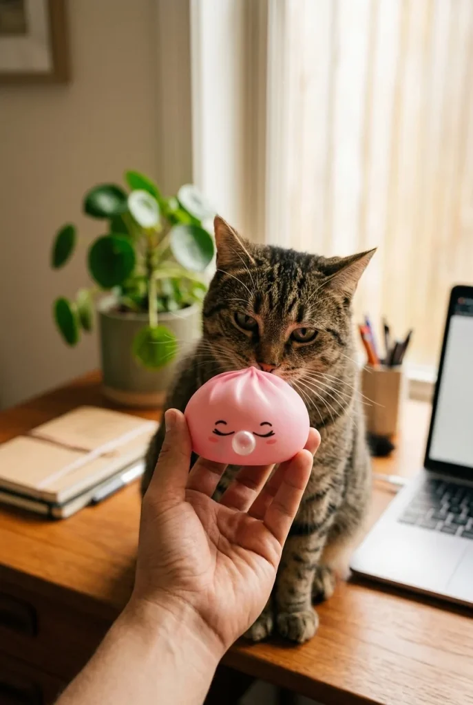 Pink Rare Blow Dumpling Squishy with a plush friend