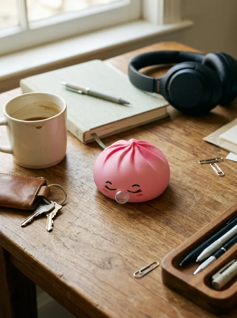 Pink Rare Blow Dumpling Squishy on the desk