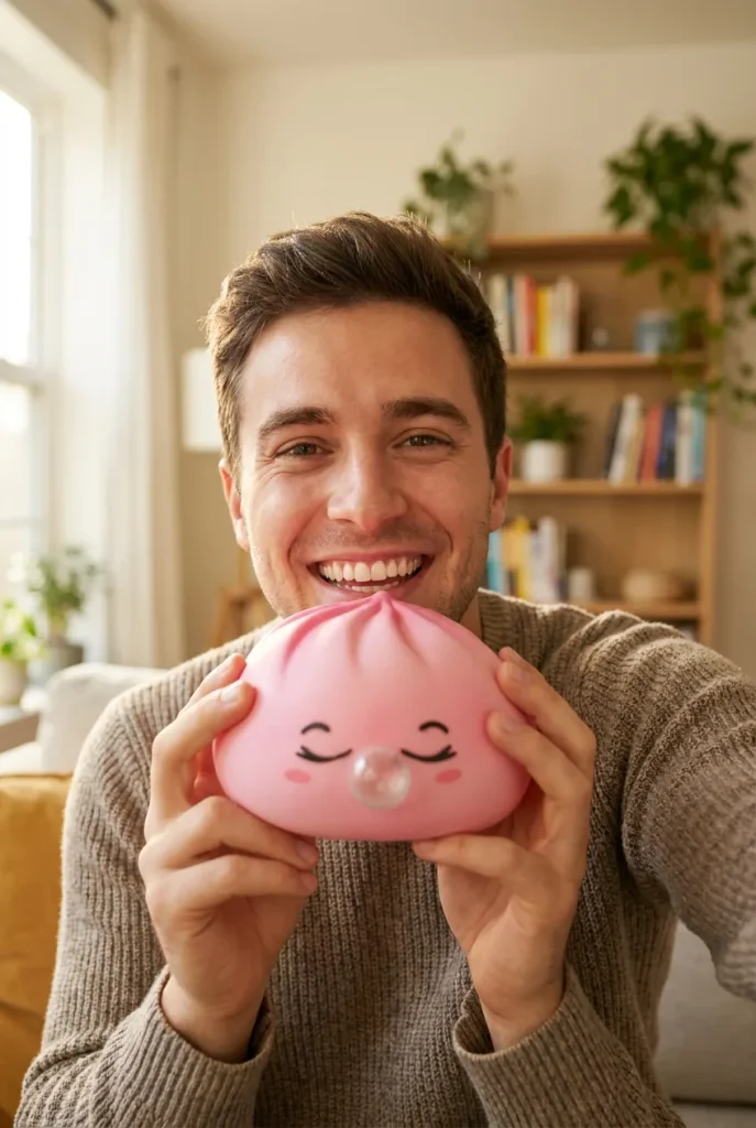 Pink Rare Blow Dumpling Squishy in everyday life