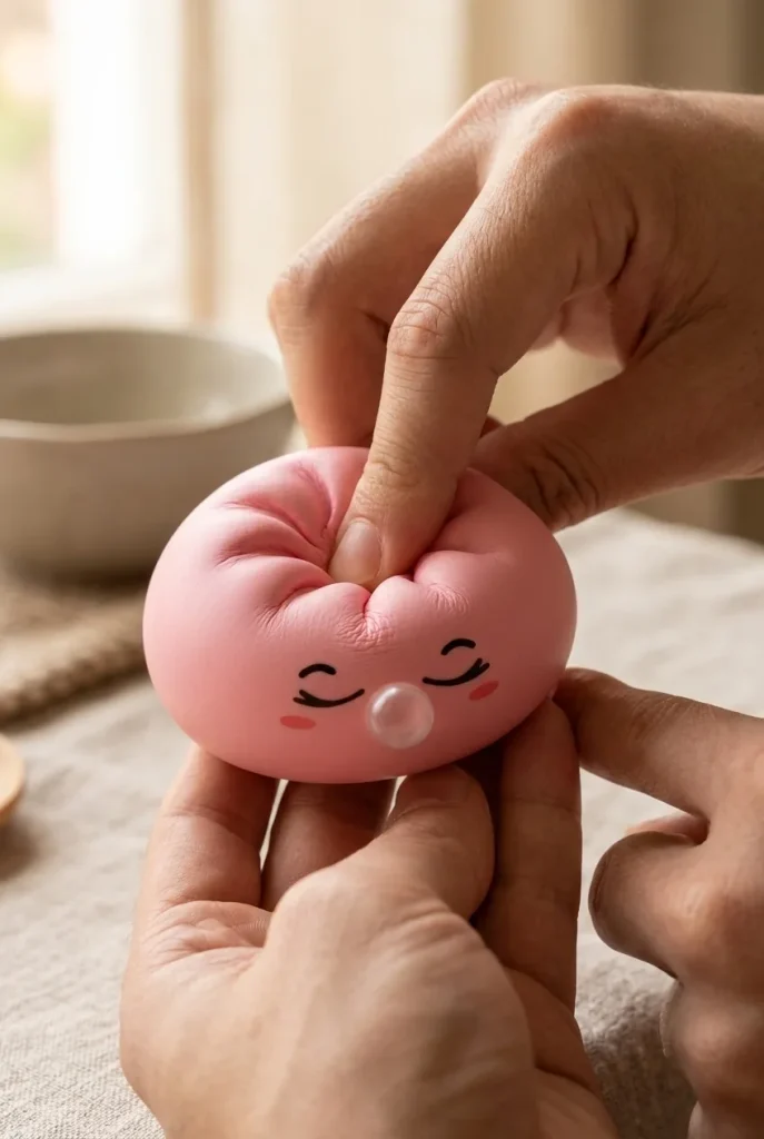 Pink Rare Blow Dumpling Squishy mid-squish