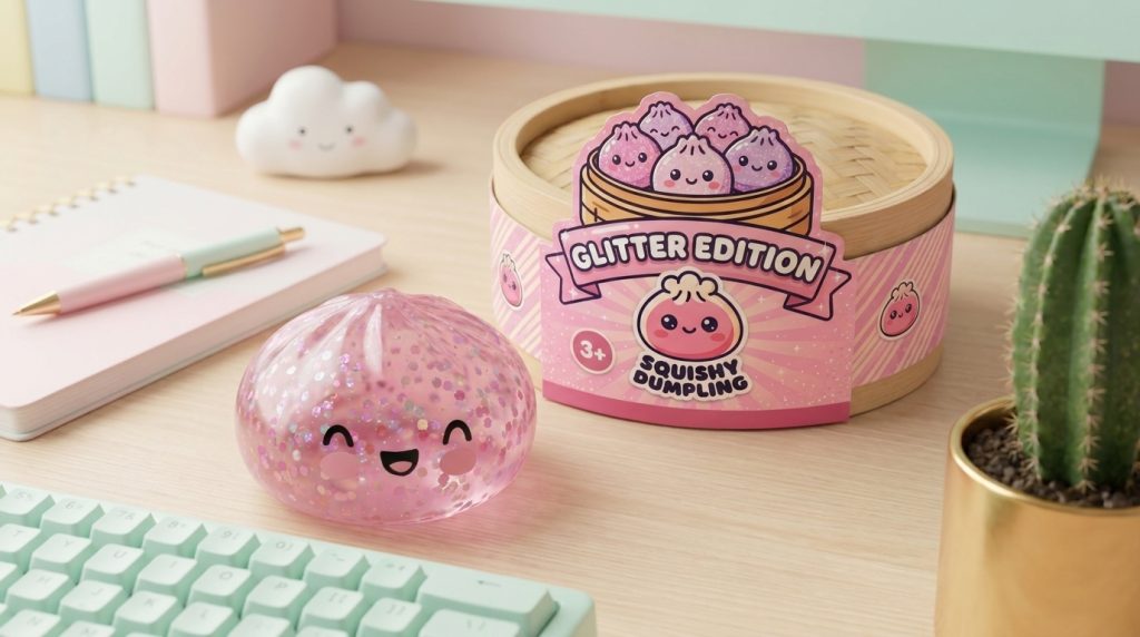 Bubblegum Rose Sparkle Dumpling Squishy in its kawaii setting