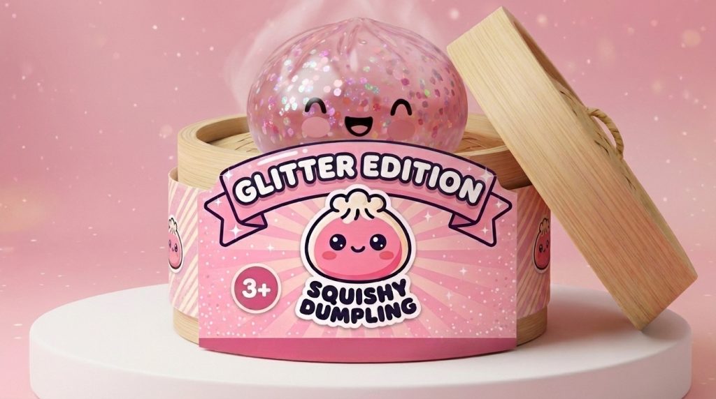 Bubblegum Rose Sparkle Dumpling Squishy in its bamboo steamer box