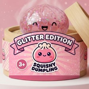 Bubblegum Rose Sparkle Dumpling Squishy in its bamboo steamer box