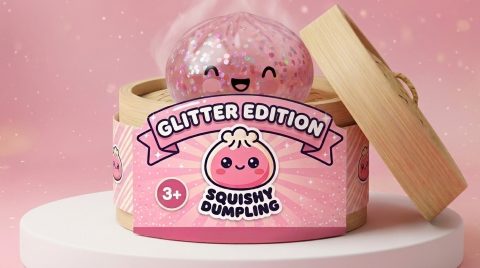 Bubblegum Rose Sparkle Dumpling Squishy in its bamboo steamer box