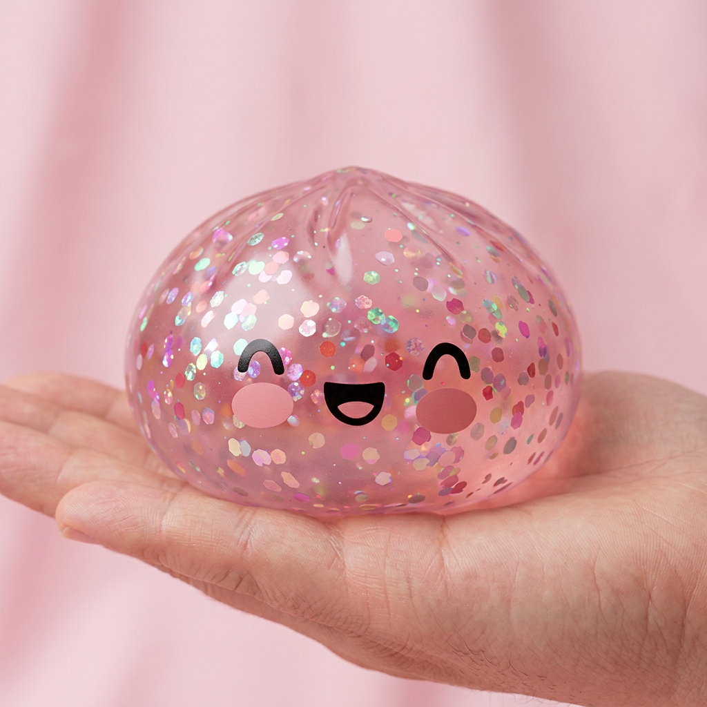 Bubblegum Rose Sparkle Dumpling Squishy held in hand, actual size
