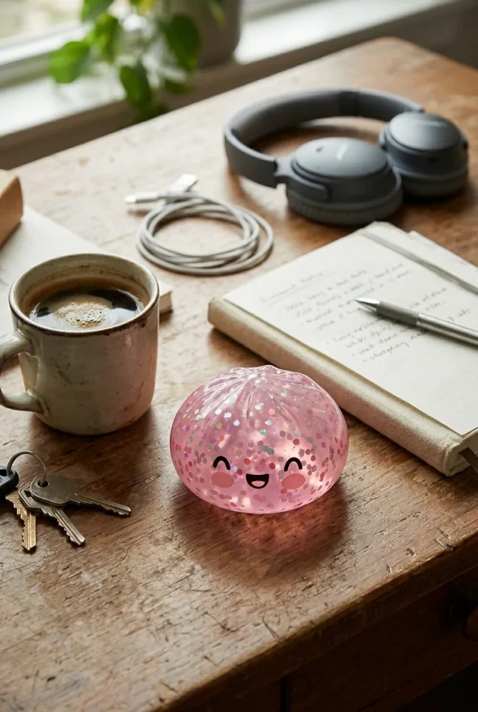 Bubblegum Rose Sparkle Dumpling Squishy on the desk