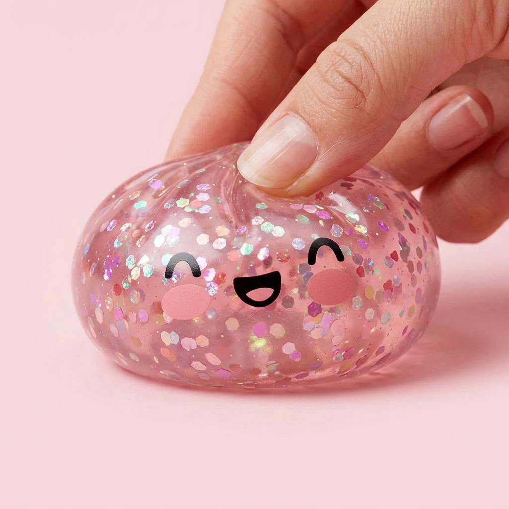 Bubblegum Rose Sparkle Dumpling Squishy being squeezed, soft slow-rise foam