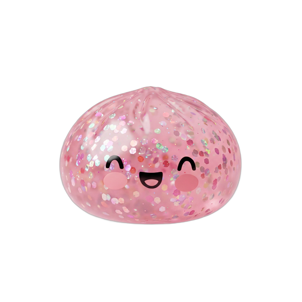 Bubblegum Rose Sparkle Dumpling Squishy being squeezed, soft slow-rise foam