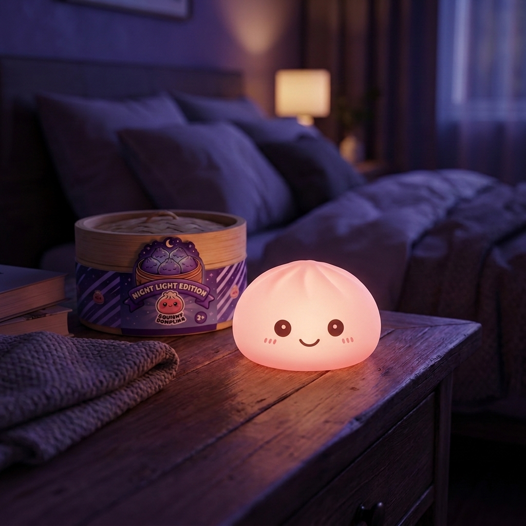 Pink Dumpling Squishy Night Light in its kawaii setting