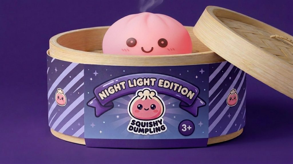Pink Dumpling Squishy Night Light in its bamboo steamer box