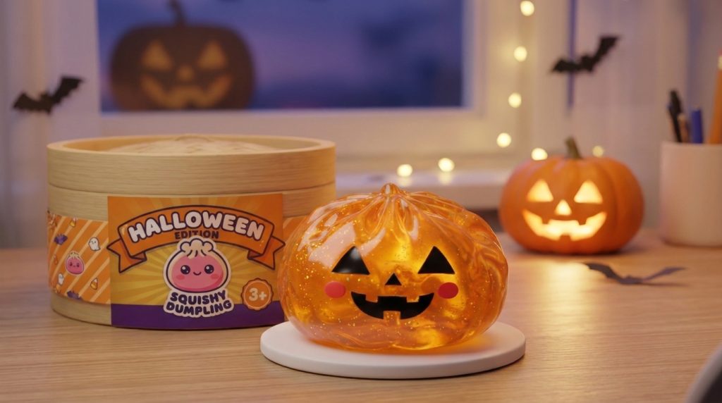 Light-Up Pumpkin Halloween Dumpling Squishy in its kawaii setting