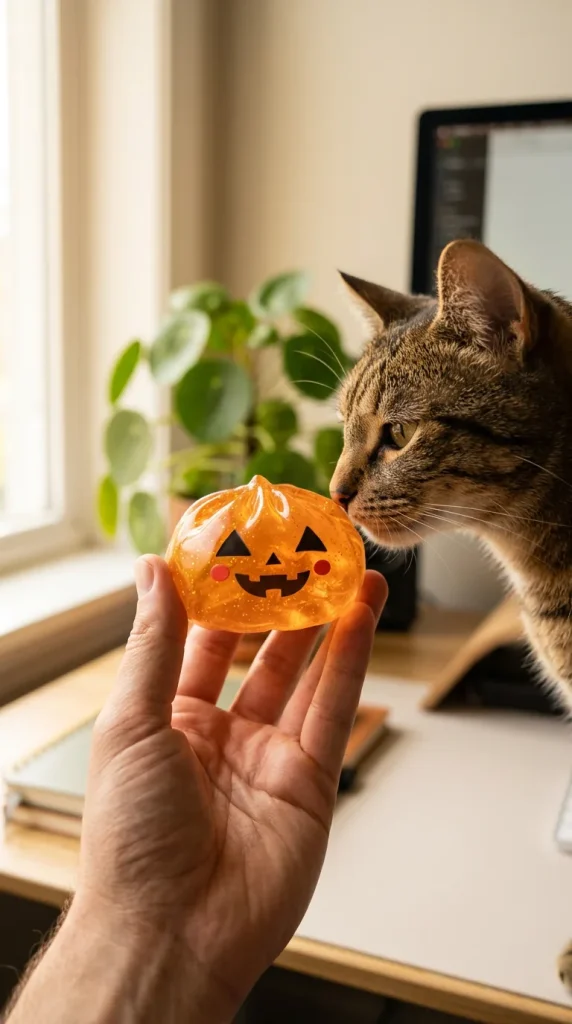 Light-Up Pumpkin Halloween Dumpling Squishy with a plush friend