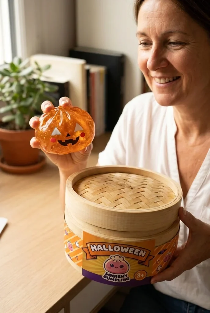 Light-Up Pumpkin Halloween Dumpling Squishy with its box
