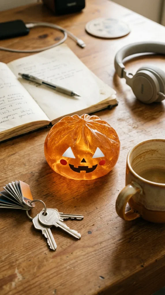 Light-Up Pumpkin Halloween Dumpling Squishy on the desk