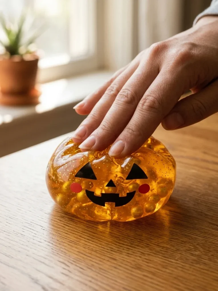 Light-Up Pumpkin Halloween Dumpling Squishy mid-squish
