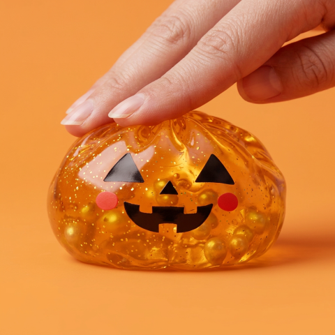 Light-Up Pumpkin Halloween Dumpling Squishy being squeezed, soft slow-rise foam