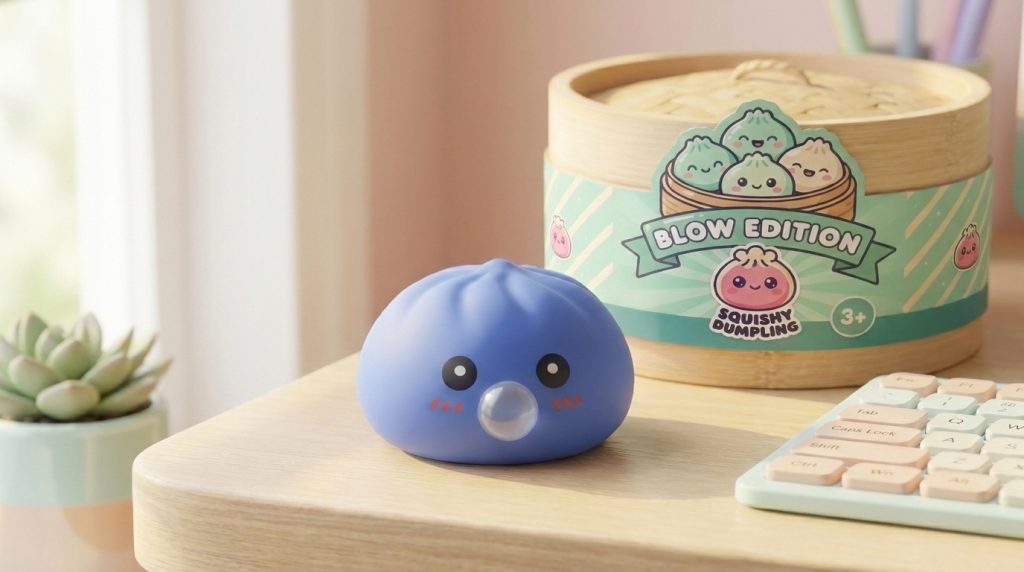 Puffy Purple Blow Dumpling Squishy in its kawaii setting