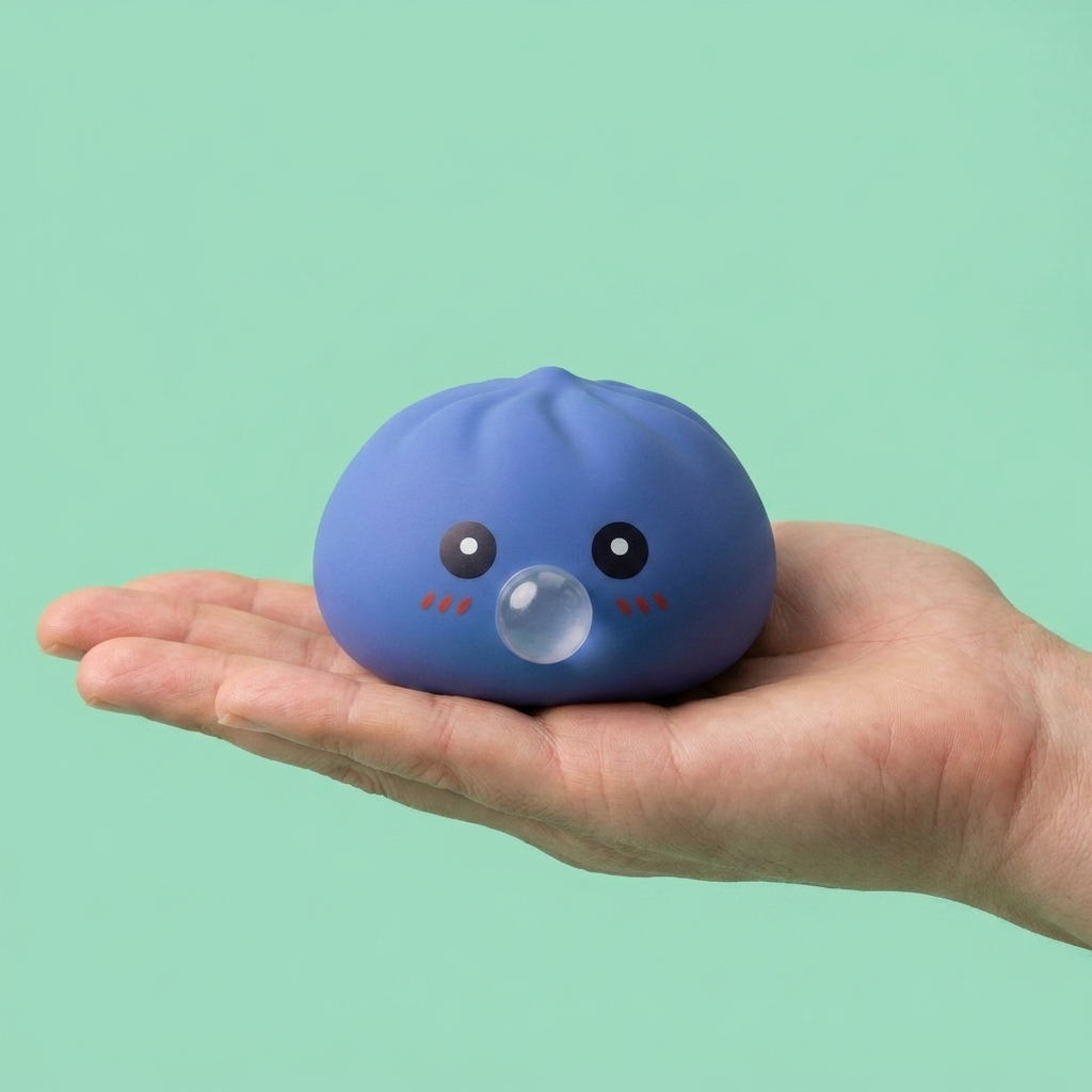 Puffy Purple Blow Dumpling Squishy held in hand, actual size