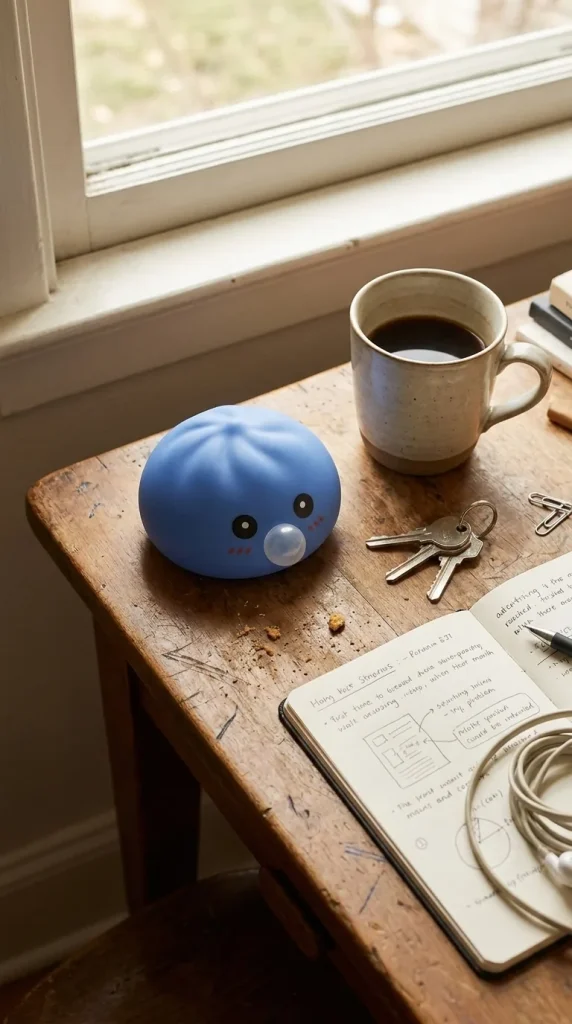 Puffy Purple Blow Dumpling Squishy on the desk