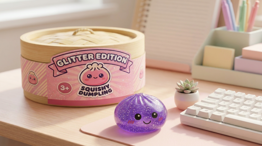 Dreamy Purple Glitter Dumpling Squishy in its kawaii setting