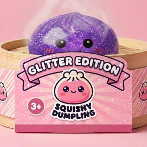 Dreamy Purple Glitter Dumpling Squishy in its bamboo steamer box