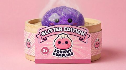 Dreamy Purple Glitter Dumpling Squishy in its bamboo steamer box