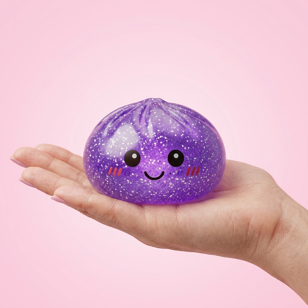 Dreamy Purple Glitter Dumpling Squishy held in hand, actual size