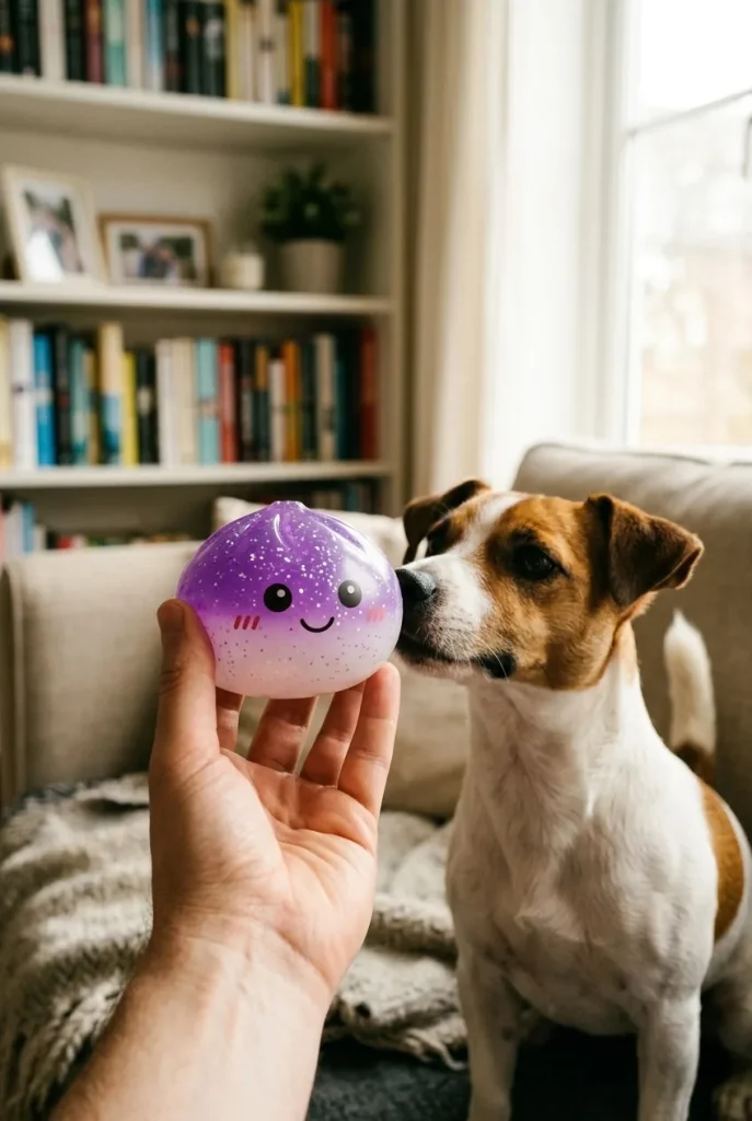 Dreamy Purple Glitter Dumpling Squishy with a plush friend