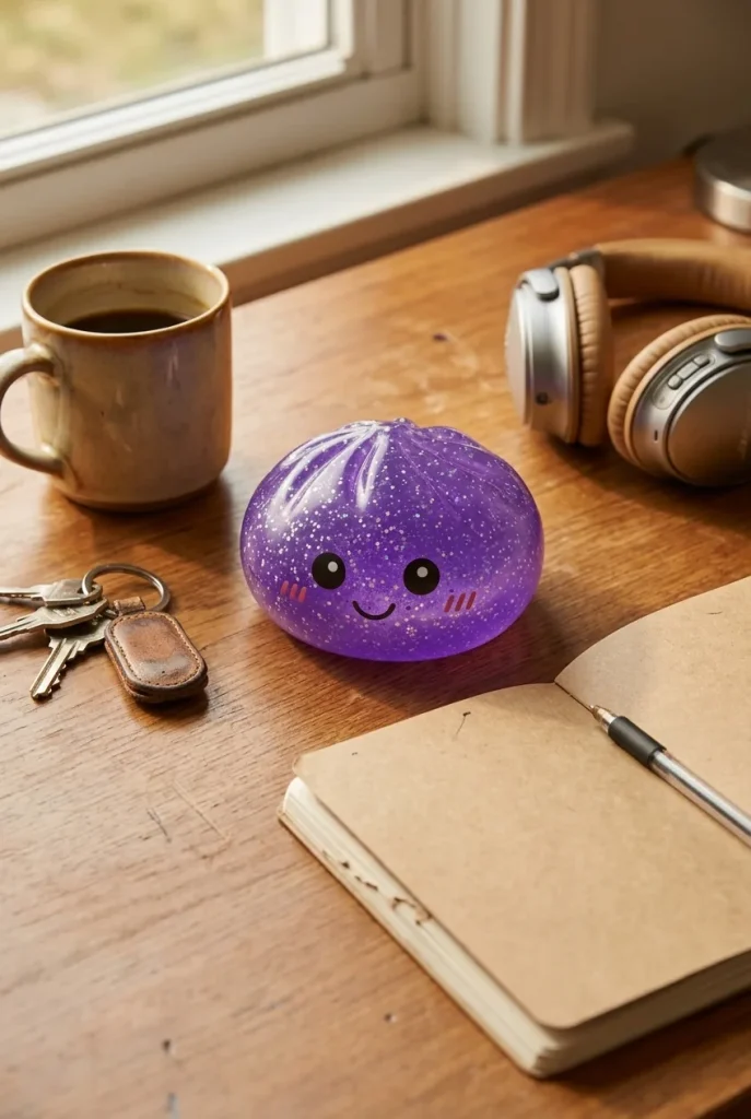 Dreamy Purple Glitter Dumpling Squishy on the desk
