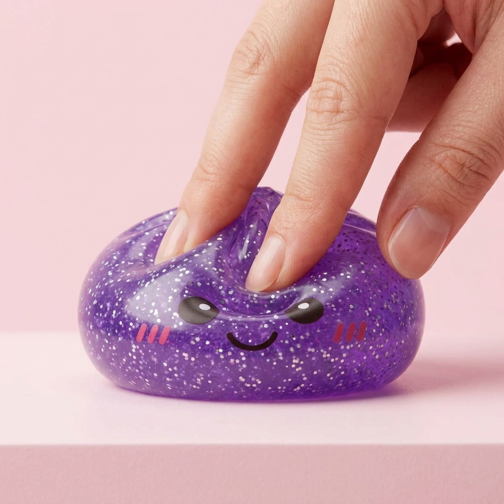 Dreamy Purple Glitter Dumpling Squishy being squeezed, soft slow-rise foam