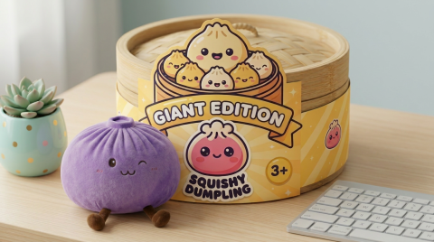 Giant Purple Dumpling Squishy in its kawaii setting