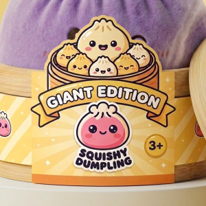 Giant Purple Dumpling Squishy in its bamboo steamer box
