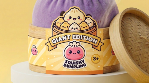 Giant Purple Dumpling Squishy in its bamboo steamer box