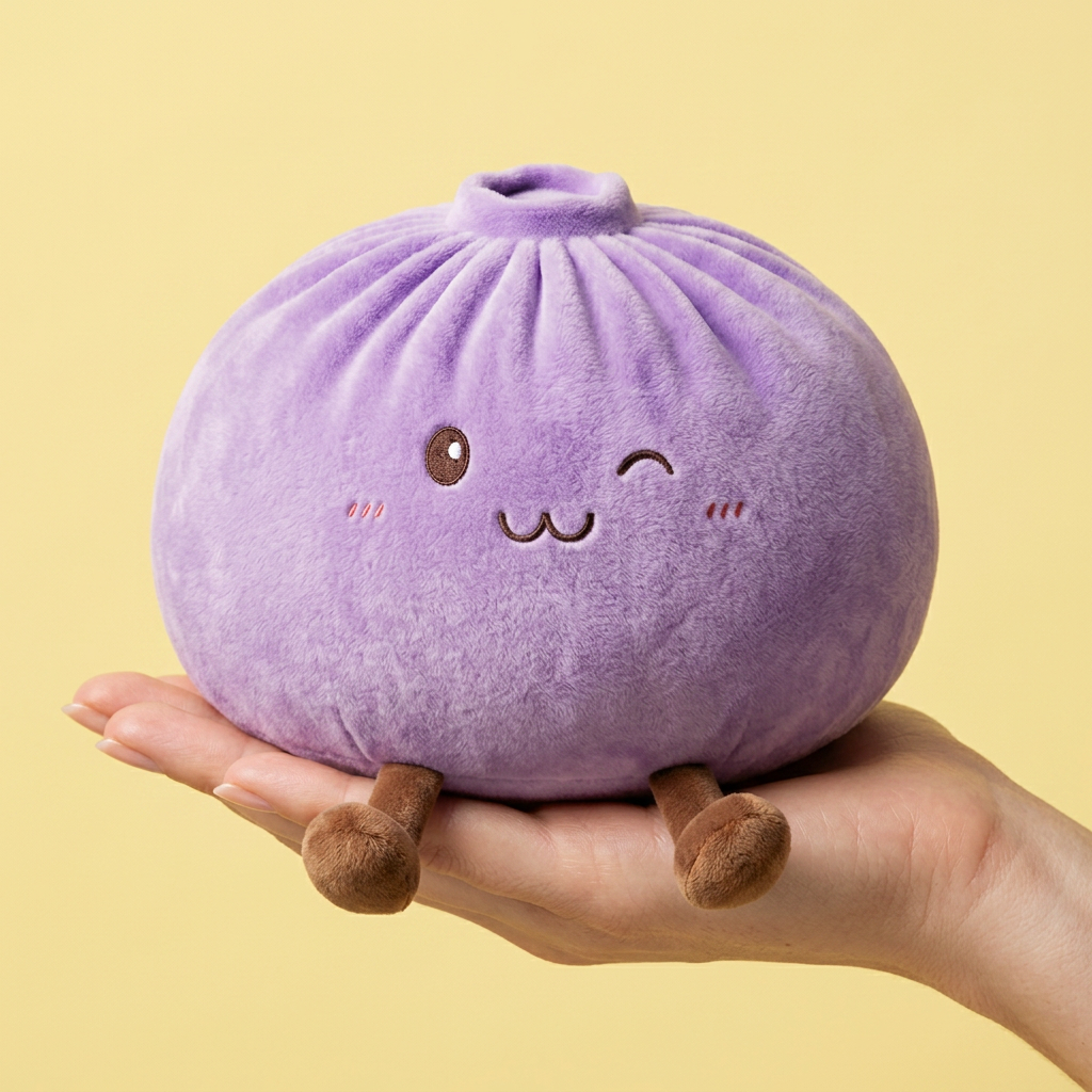 Giant Purple Dumpling Squishy held in hand, actual size
