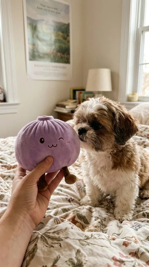 Giant Purple Dumpling Squishy with a plush friend