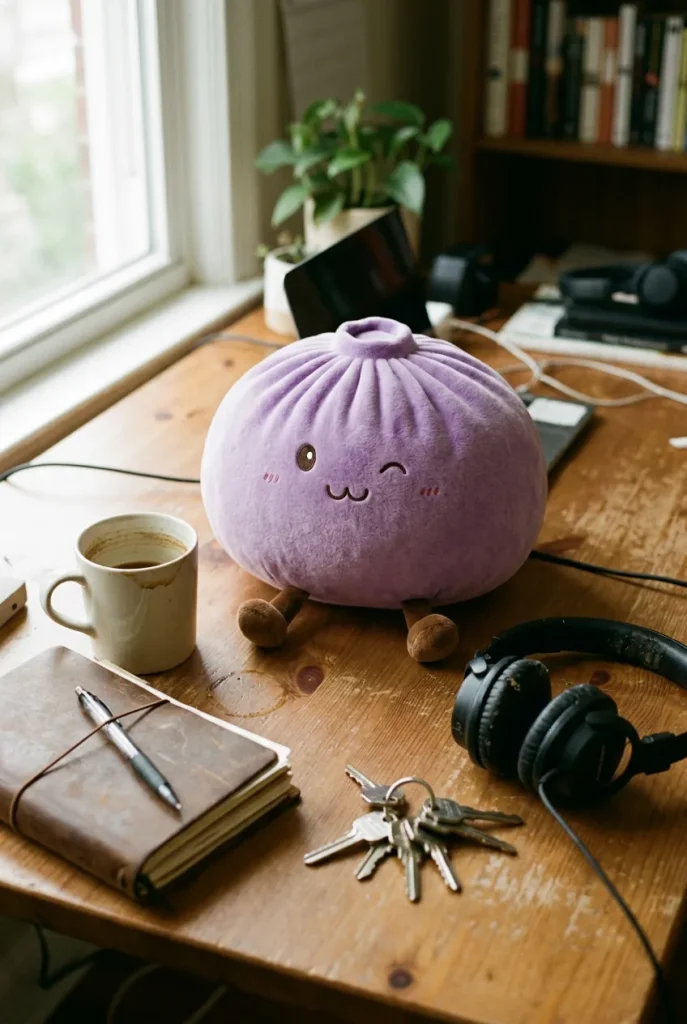 Giant Purple Dumpling Squishy on the desk