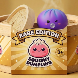 Cosmic Purple Rare Blow Dumpling Squishy in its bamboo steamer box