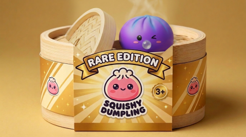 Cosmic Purple Rare Blow Dumpling Squishy in its bamboo steamer box