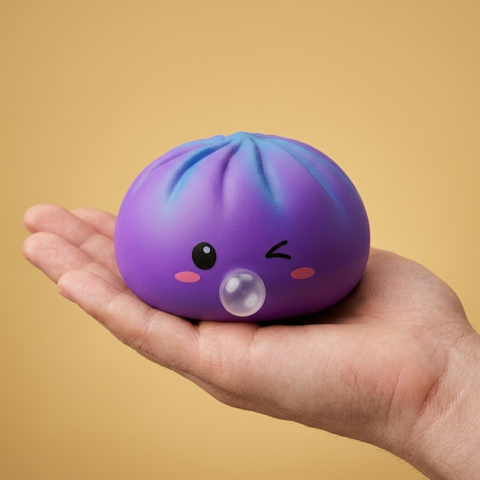 Cosmic Purple Rare Blow Dumpling Squishy held in hand, actual size