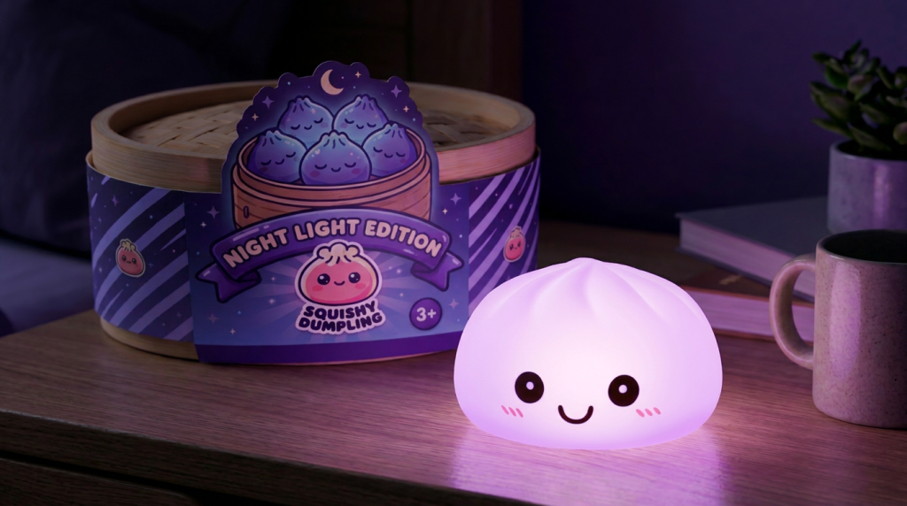 Purple Glow Dumpling Squishy Night Light in its kawaii setting