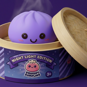 Purple Glow Dumpling Squishy Night Light in its bamboo steamer box