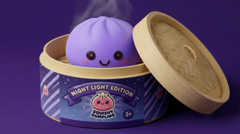 Purple Glow Dumpling Squishy Night Light in its bamboo steamer box