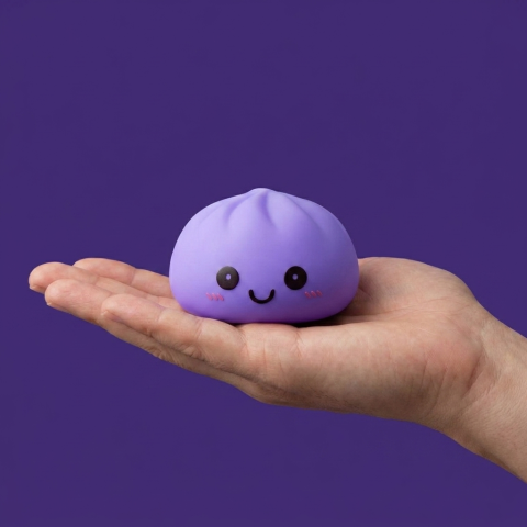 Purple Glow Dumpling Squishy Night Light held in hand, actual size