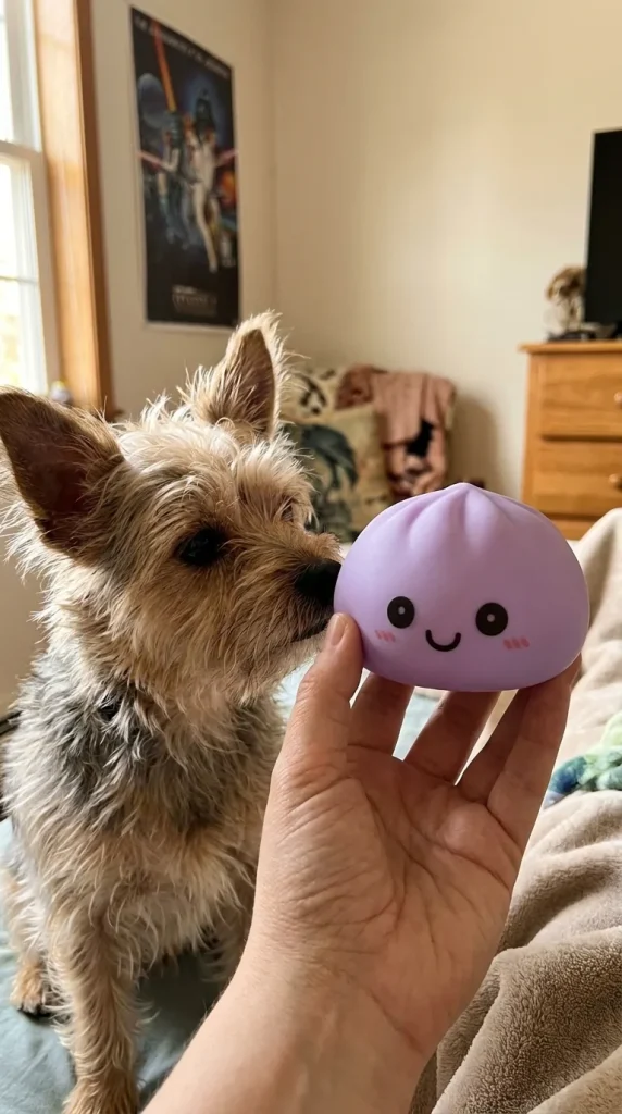 Purple Glow Dumpling Squishy Night Light with a plush friend