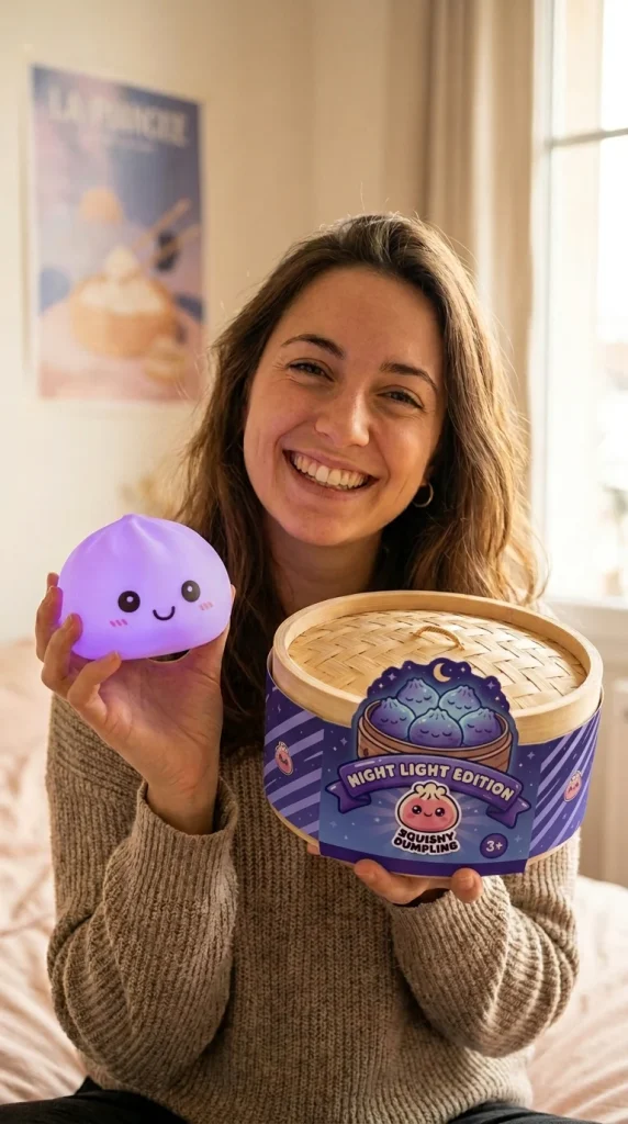 Purple Glow Dumpling Squishy Night Light with its box