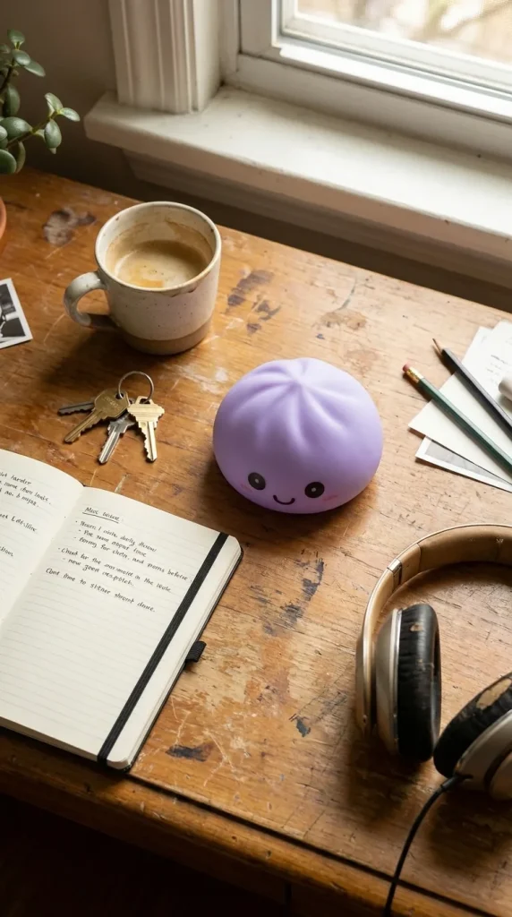 Purple Glow Dumpling Squishy Night Light on the desk